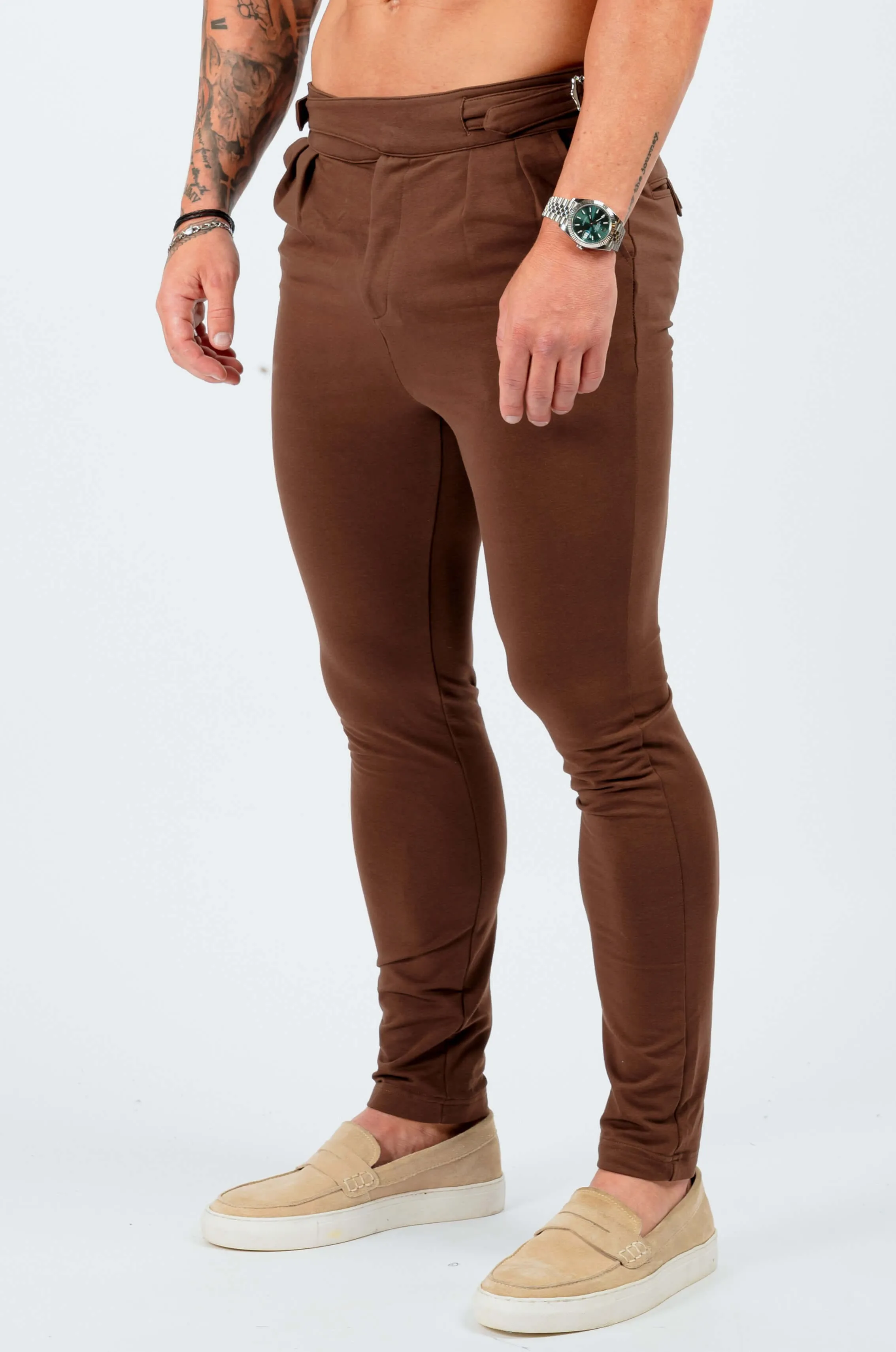 SLIM FIT HIGH WAISTED TROUSER W/SIDE CINCH - BROWN