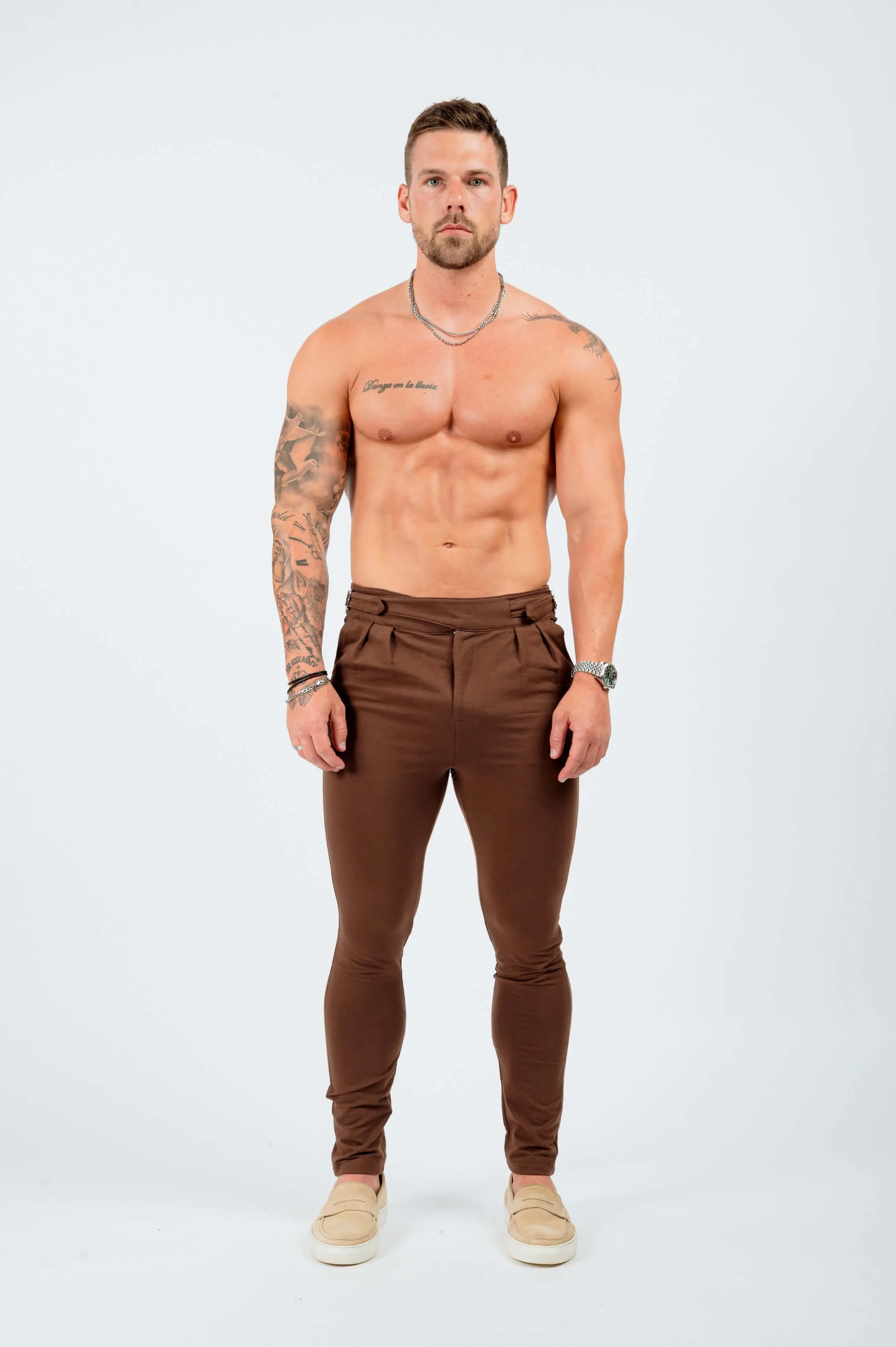 SLIM FIT HIGH WAISTED TROUSER W/SIDE CINCH - BROWN