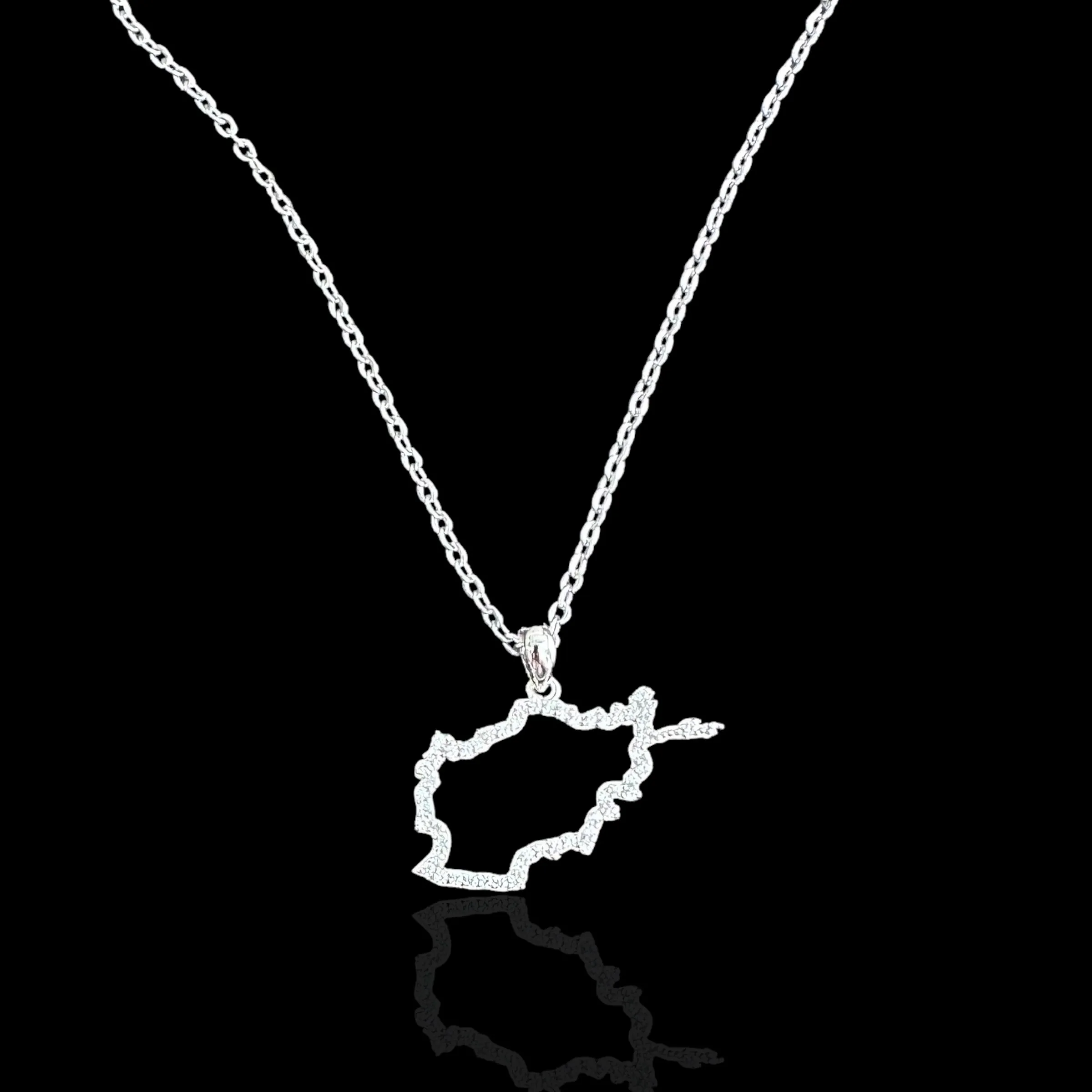 Sterling Silver Afghanistan Map CZ Outline Necklace - Available in 3 Colors