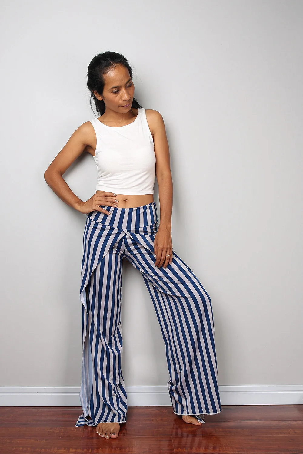 Striped pants / Blue and grey yoga pants / long blue striped pants / Split pants : Urban Chic Collection