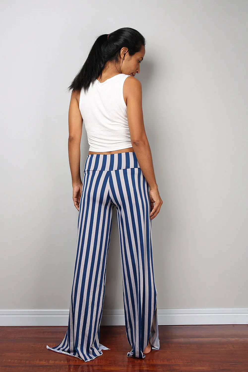 Striped pants / Blue and grey yoga pants / long blue striped pants / Split pants : Urban Chic Collection