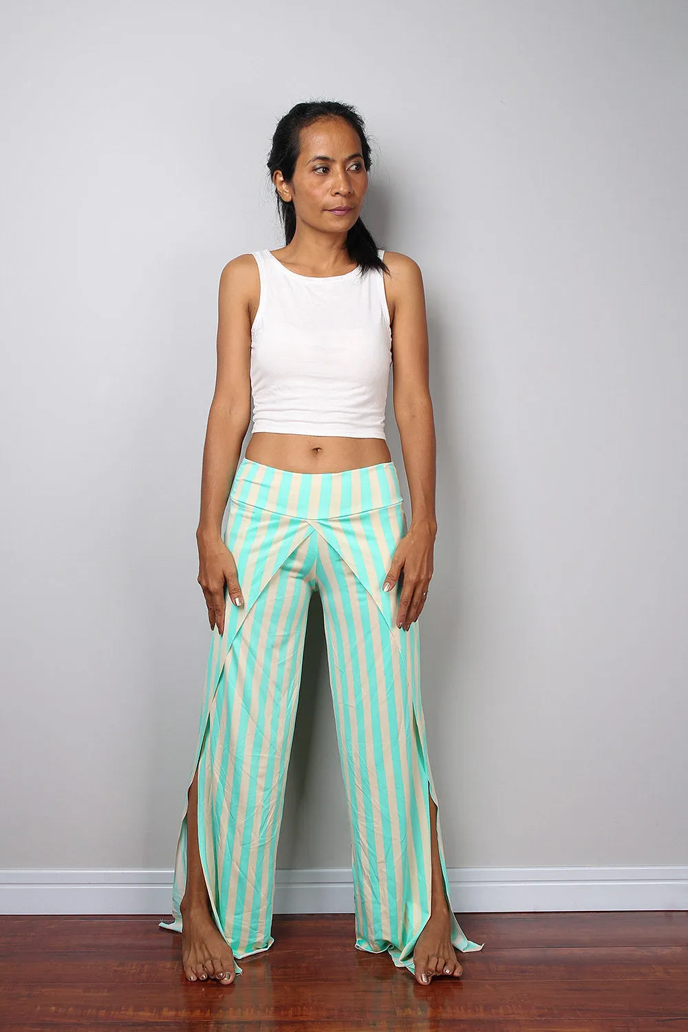 Striped pants / green - cream yoga pants / long striped pants / Split pants : Urban Chic Collection